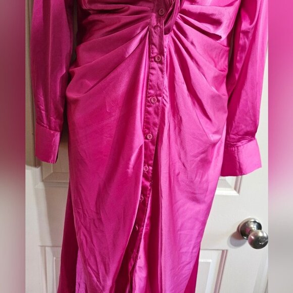 Hers & Mine Hot Pink Satin Tie Front Button Midi Dress Women’s Large Glam Luxe - Picture 4 of 7